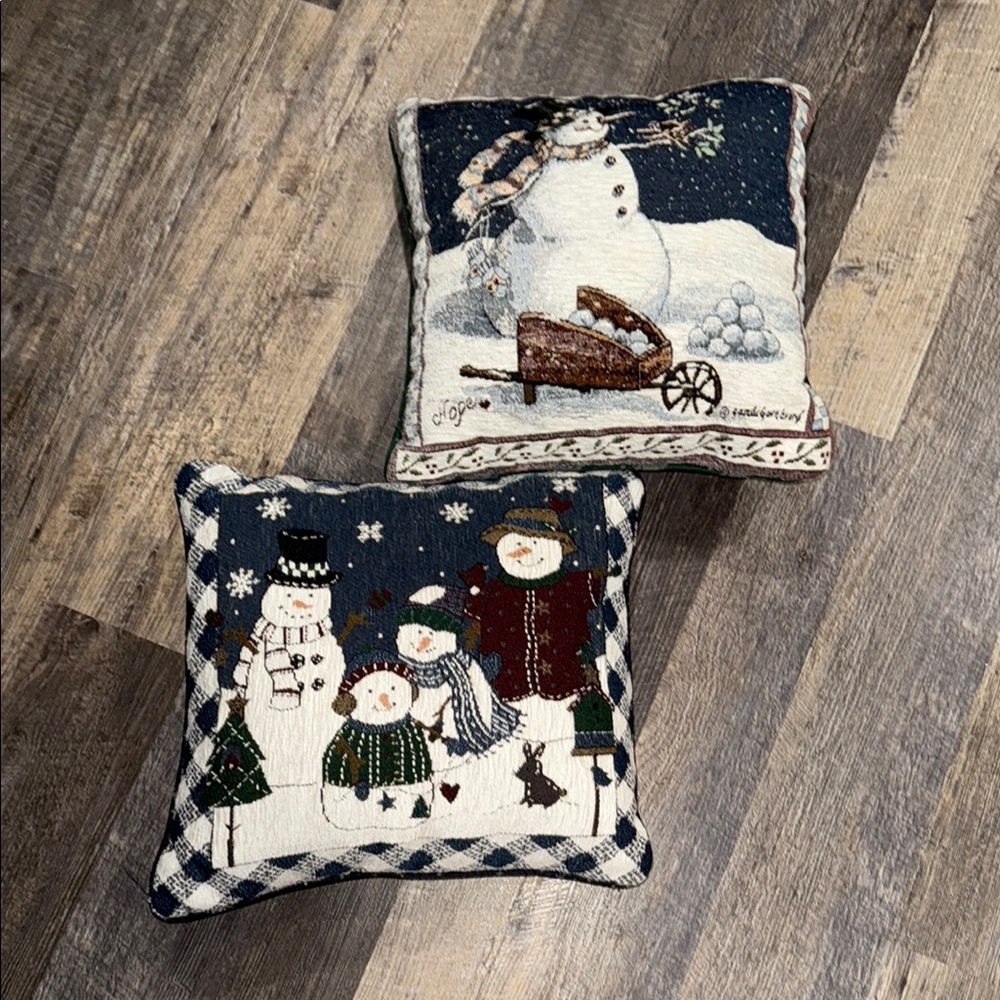Festive Tapestry Snowman Holiday Pillows - Navy and White set of 2